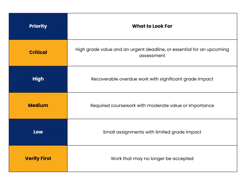 Priority matrix for catching up: Critical is high grade value with an urgent deadline, High is recoverable overdue work with significant grade impact, Medium is required coursework of moderate value, Low is small assignments with limited impact, and Verify First is work that may no longer be accepted.